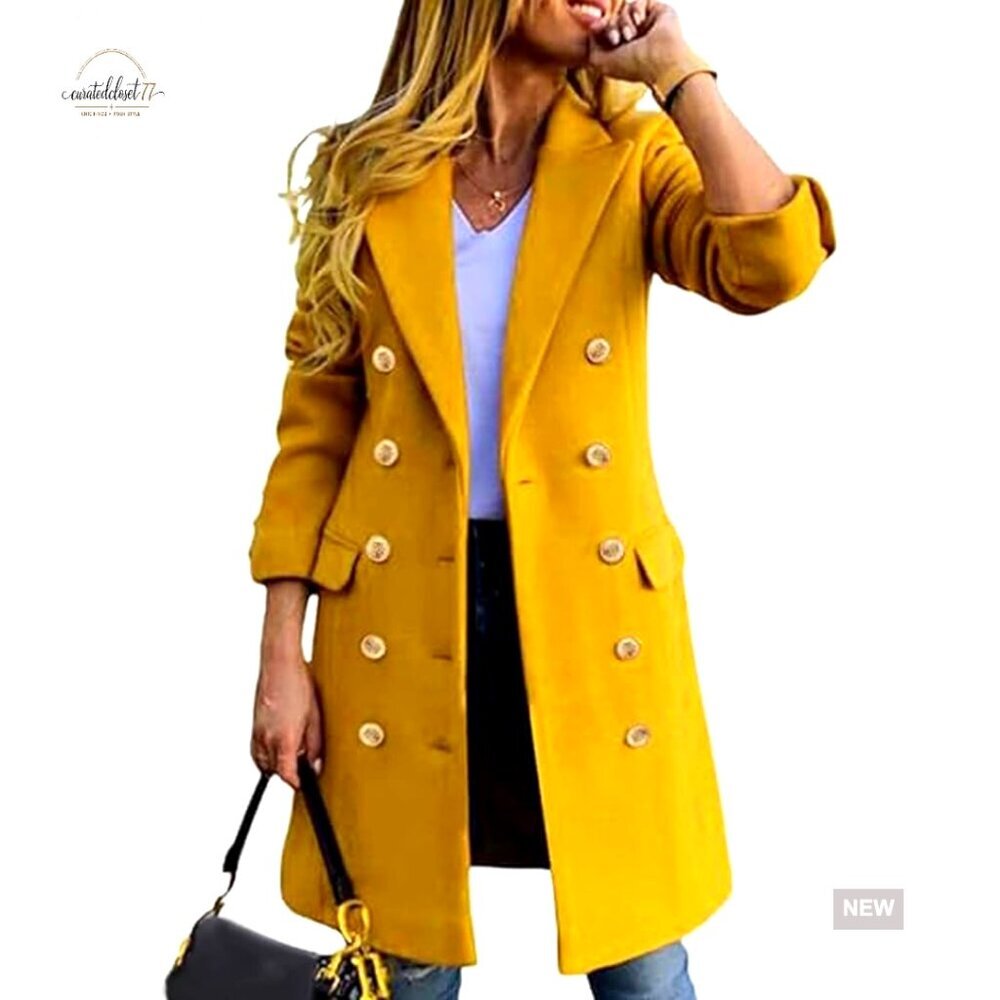 Women's Double Breasted Trench Coat Wool Overcoat Long Sleeve Notch Collar